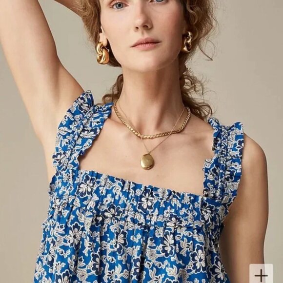 J.Crew Cotton Voile Ruffle Trim Shift Dress Midi in Cobalt Floral - XS - Picture 2 of 11